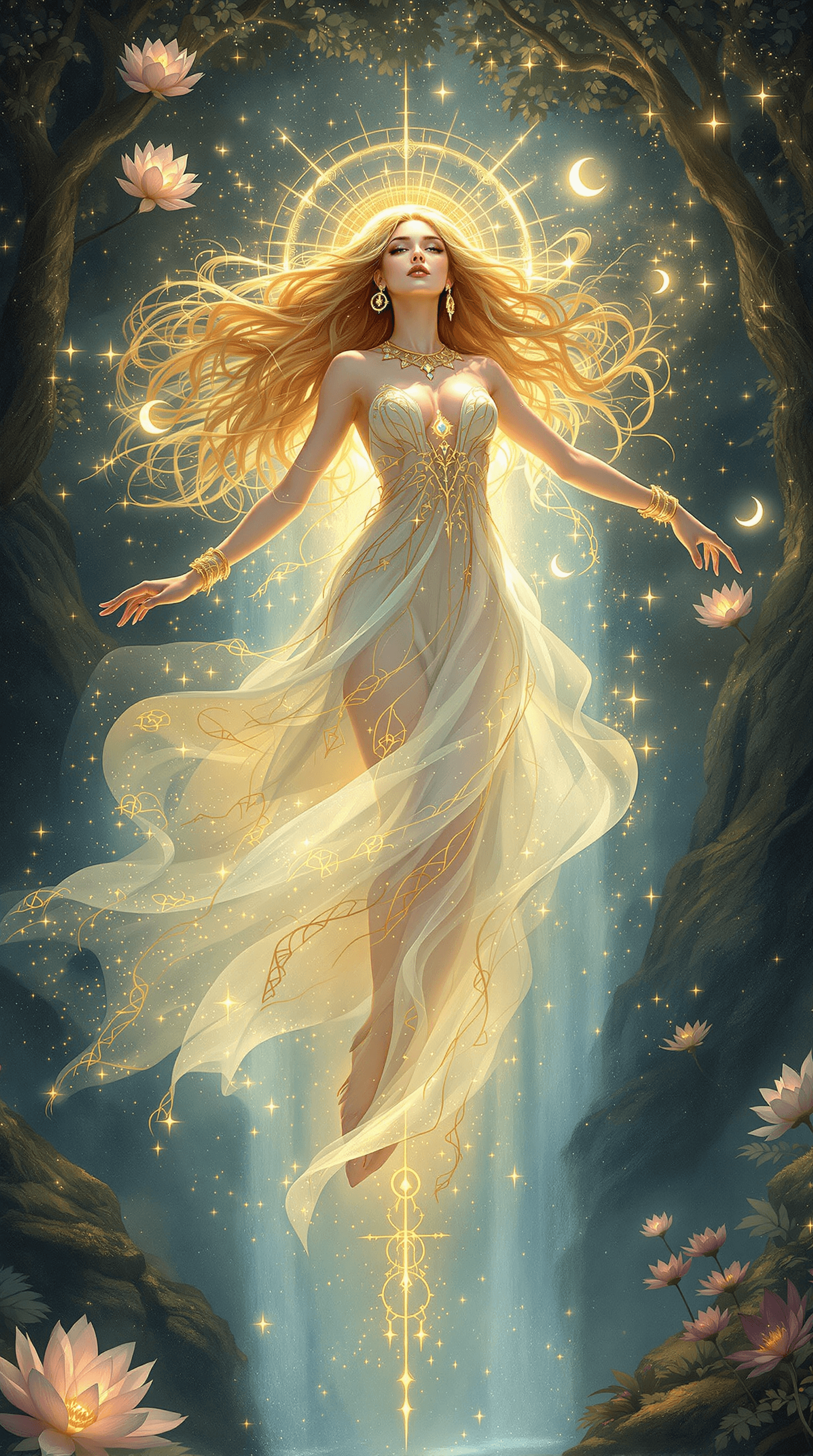 AI generated: A **captivating and strikingly detailed illustration** of a **blonde-haired mystic**, radiating **se...
