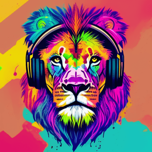 AI generated: t-shirt design, colorful lion with headphones on, graffiti art by Wolfgang Zelmer, Artstation, maxim...