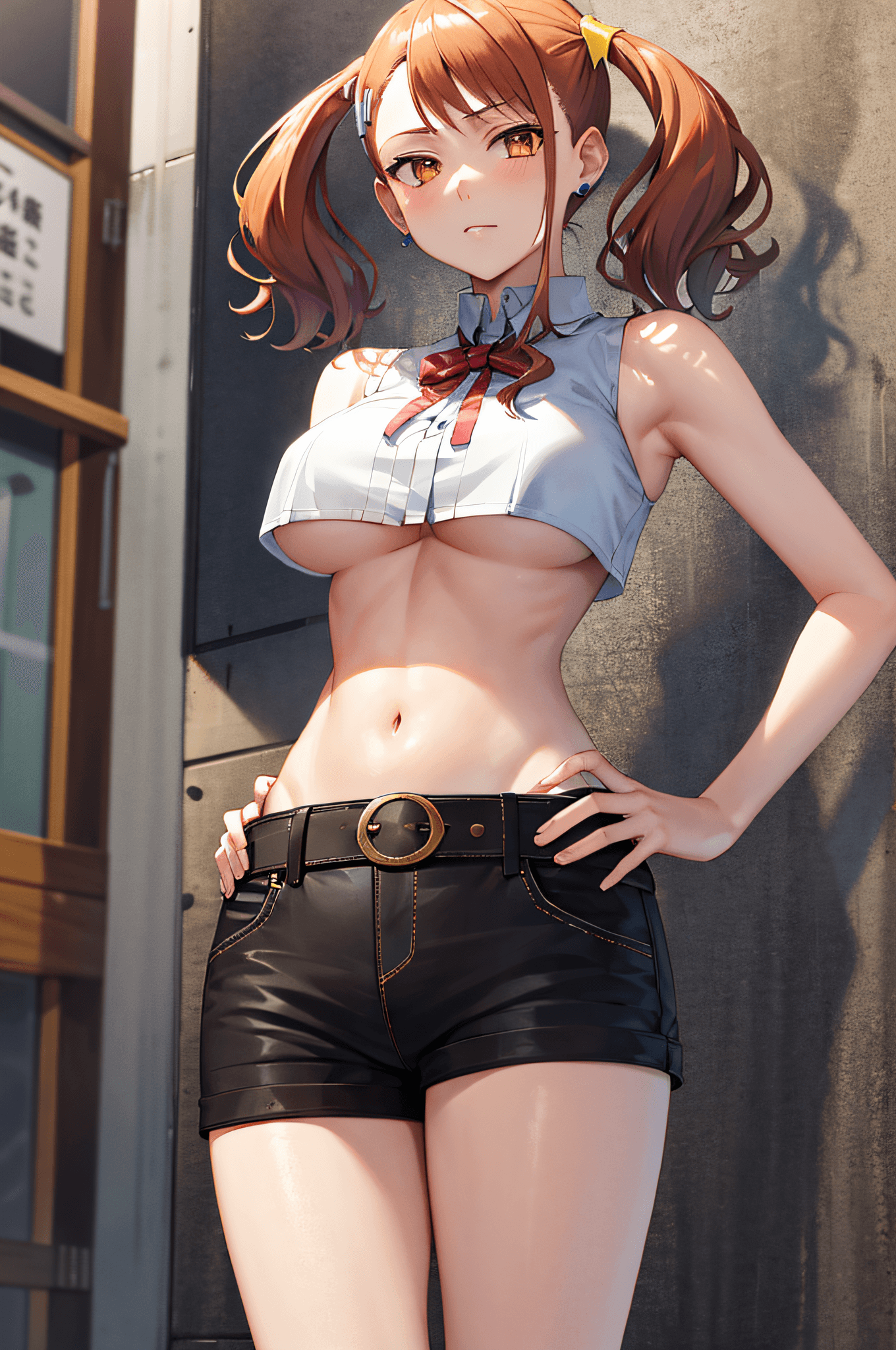 AI generated: masterpiece, best quality, highres, 1girl, anjou naruko, hairclip, large breasts, sleeveless, shorts...
