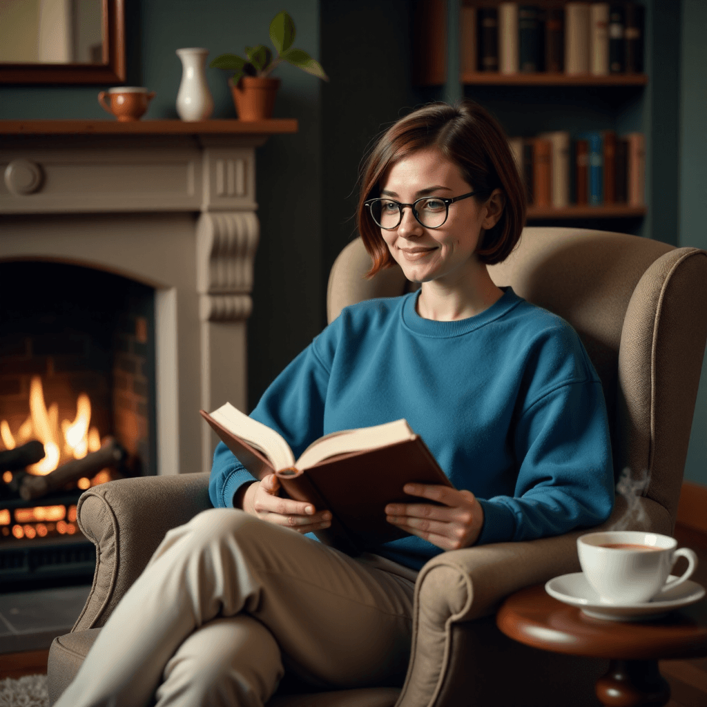 AI generated: photography of a twenty year old woman, brown hair, short hair, glasses, blue sweatshirt, beige pant...