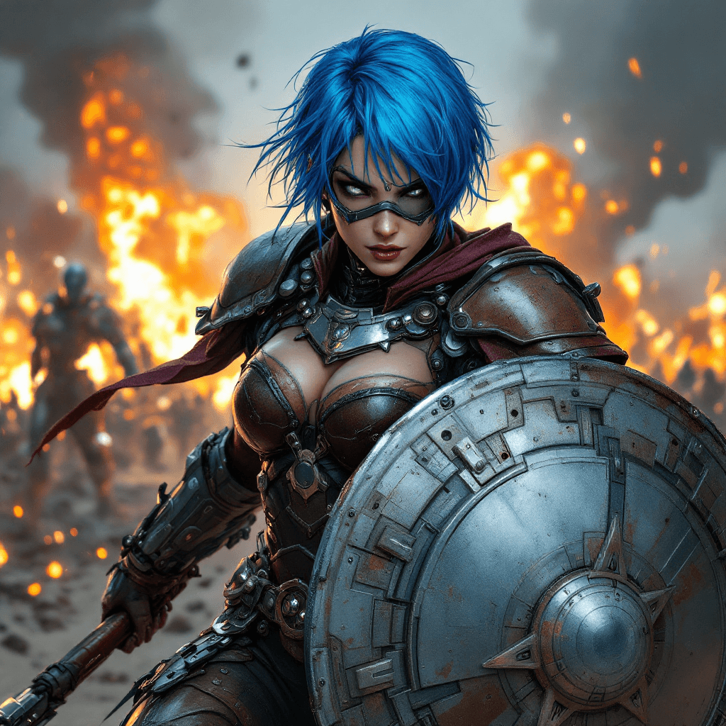 AI generated: 23. The Cybernetic Shieldmaiden: A resilient and formidable warrior with short, vibrant blue hair, s...