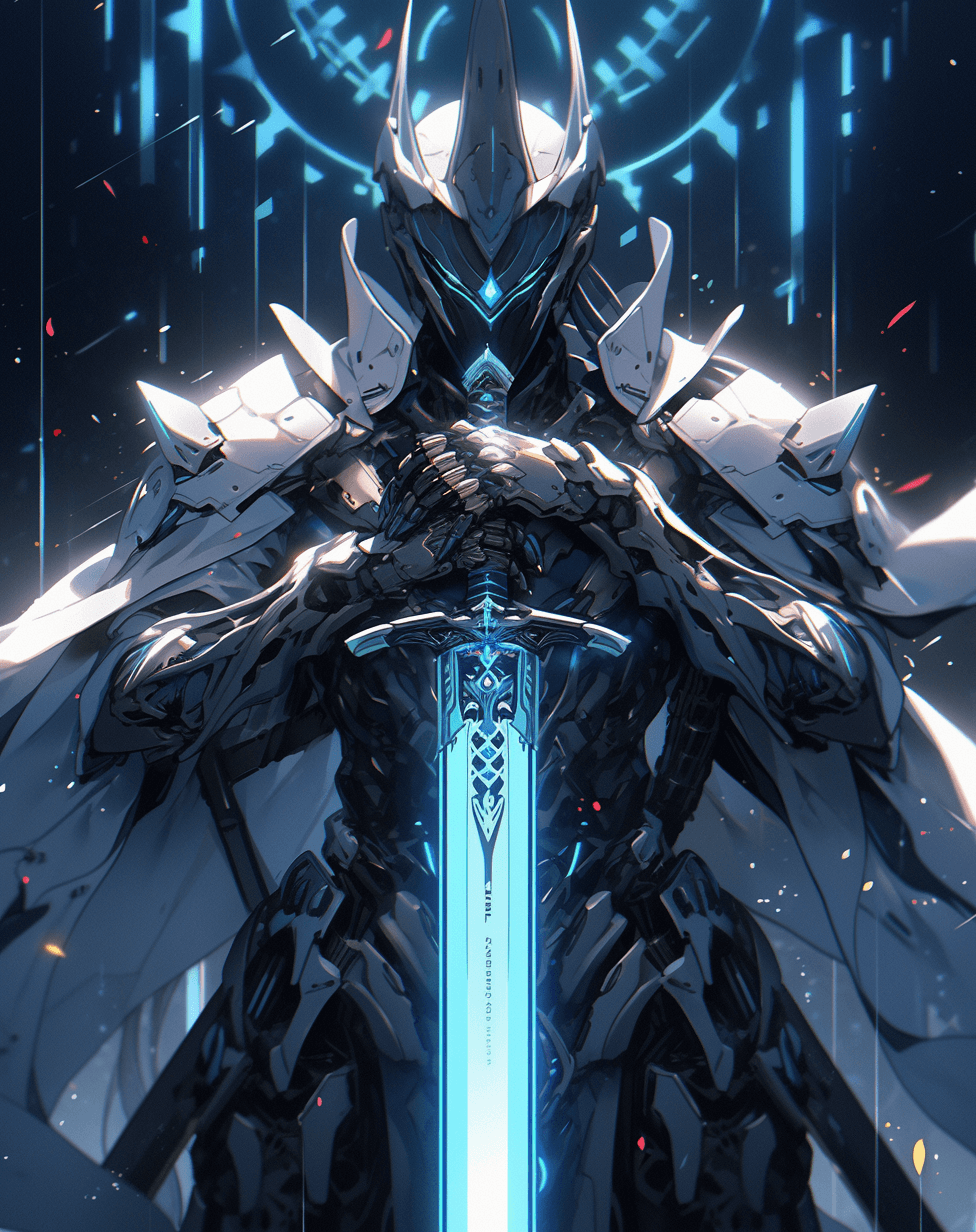 AI generated: a dark shadow player on the top of the screen holding a sword, in the style of futuristic art, preci...