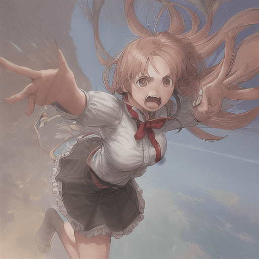 AI generated: 1 girl, jumping, hero posse, perspective from above to below, skirt, raged face