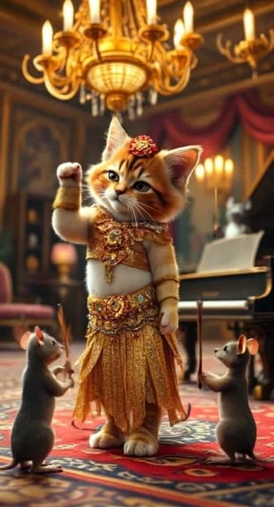 AI generated video: cat dance and mouse beat drum dog ring piano

