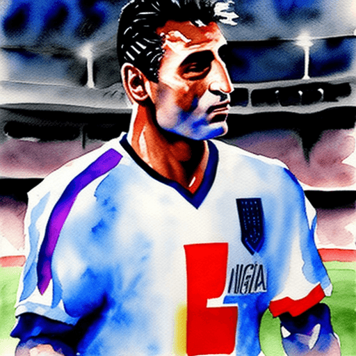 AI generated: Watercolor painting of Robert Baggio,pre Italian football star,dark background, dim backlight