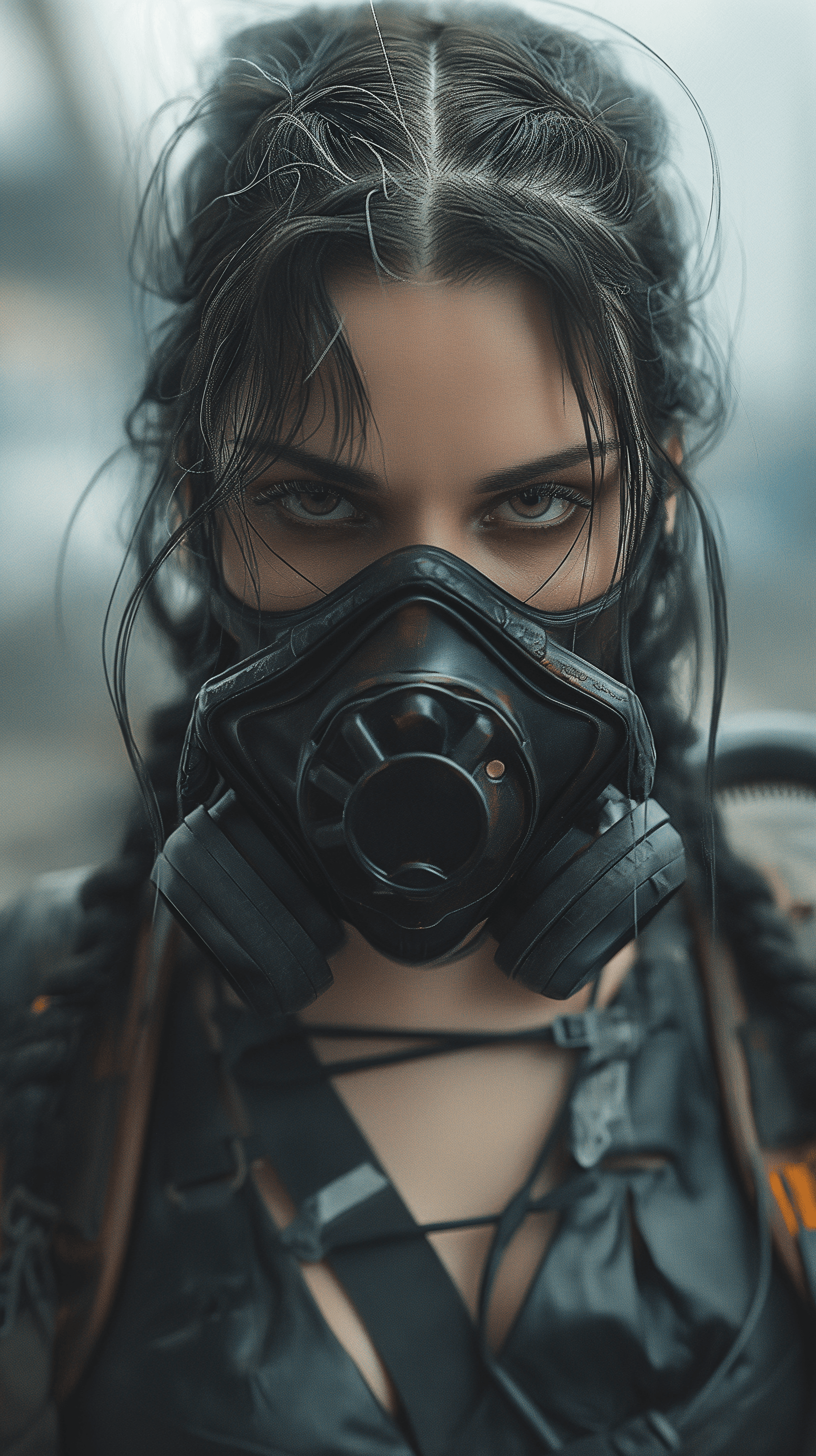 AI generated: A photo of an attractive cyberpunk woman with dark hair and black eyes wearing heavy industrial tech...