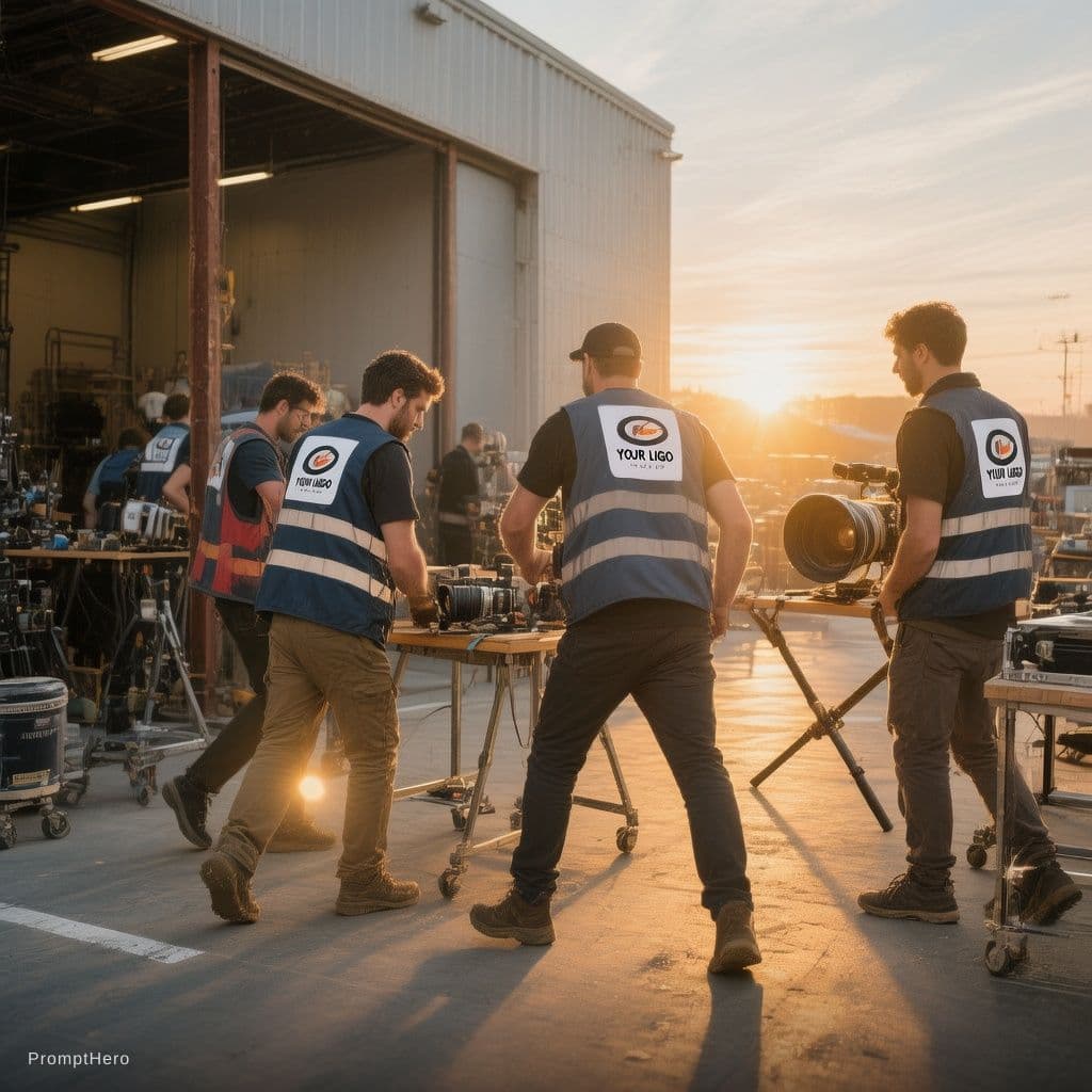 AI generated: Morning light shifts to afternoon. Workers in branded vests with [YOUR LOGO] enter from the left. Th...
