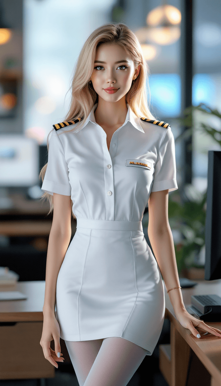 AI generated:  female, blond long Hair, wearing a beautiful uniform pilot, Thailand, White tights, pointed shoes, ...
