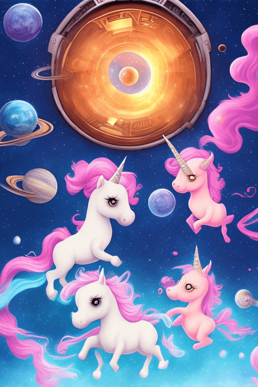 AI generated: four toddler girls, riding unicorns, in space, overlooking a black hole, cinematic, elaborate, elega...