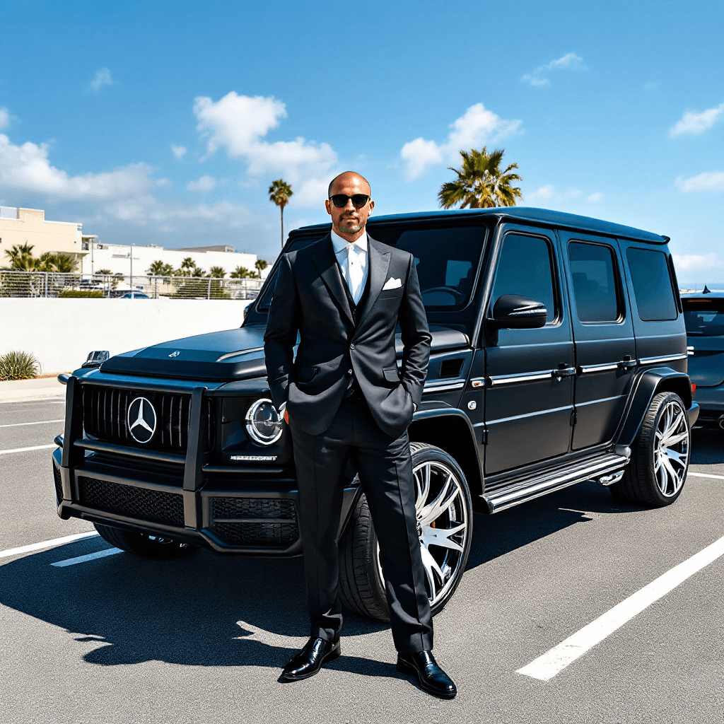 AI generated: A white male wearing a Louis Vuitton suit and dress shoes poses in front of a Mercedes G station wag...