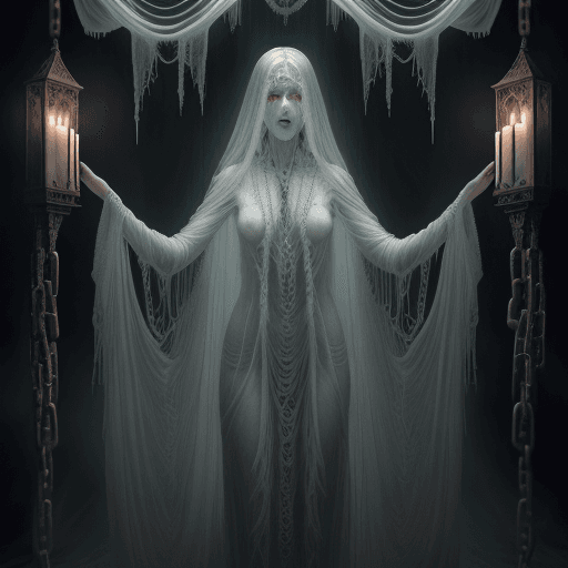AI generated: creepy levitating ghosts with chains and long beautiful flowing translucent cloth, symmetrical, curs...