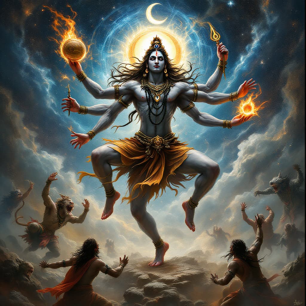 AI generated: An intricately detailed and divine scene of Lord Shiva performing the Tandava, an energetic dance be...