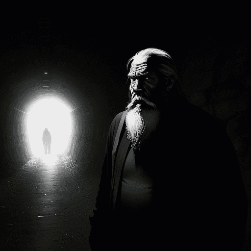 AI generated: "A weary traveler stands at the entrance of a dimly lit tunnel. The silhouette of an old man is visi...