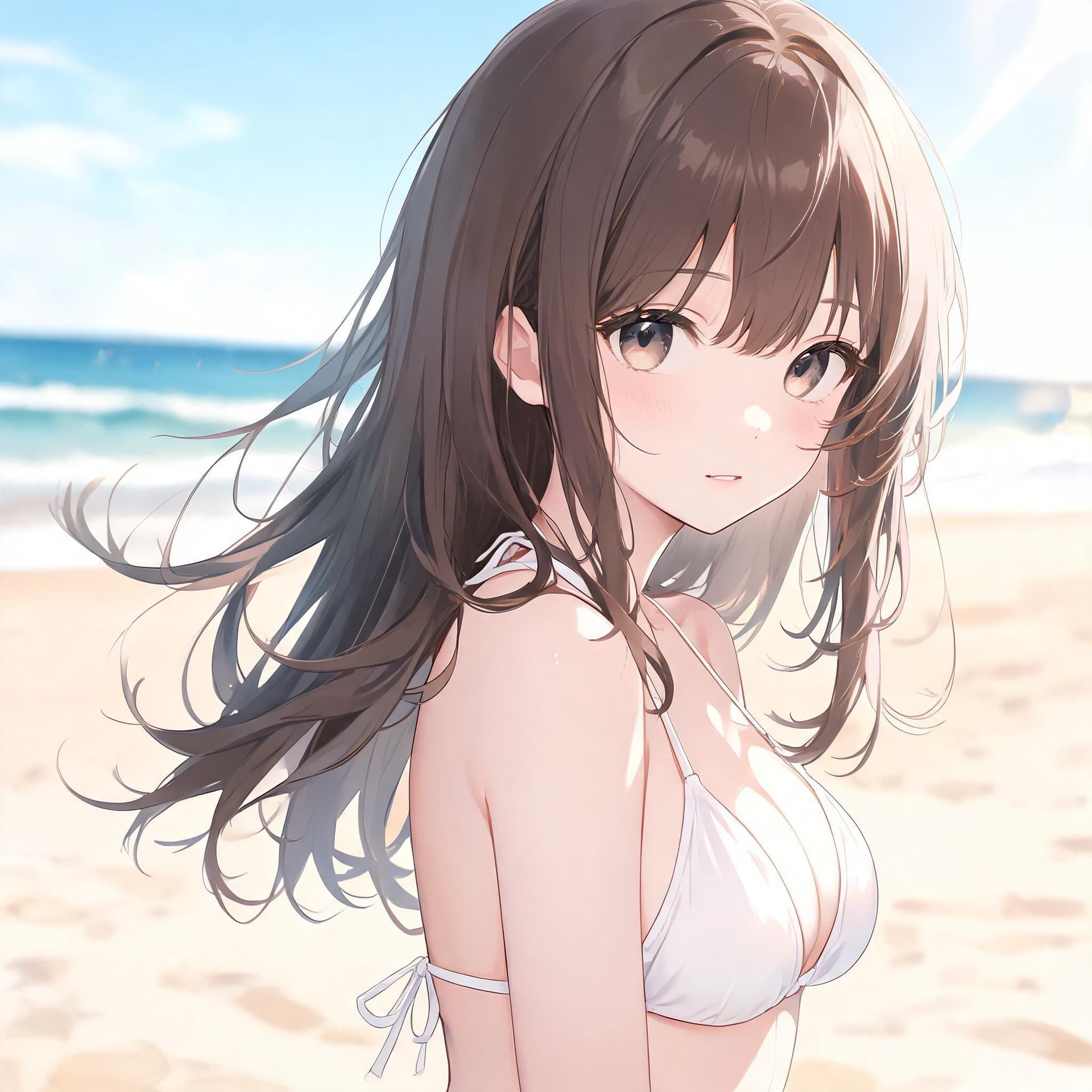 AI generated: Photograph of a woman with long hair, bangs, and a white bikini, medium-length hair, natural lightin...