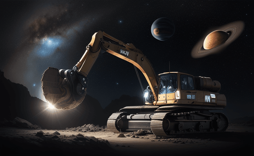 AI generated: 
Hyperrealistic photograph at eye level of a Caterpillar brand excavator 
 with outer space landscap...
