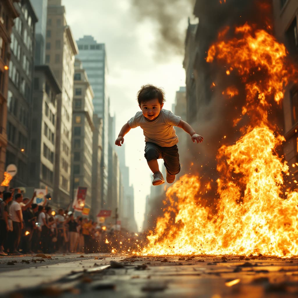 AI generated: (Action film photograph) a little baby is (flying high through the air), being running by an action ...