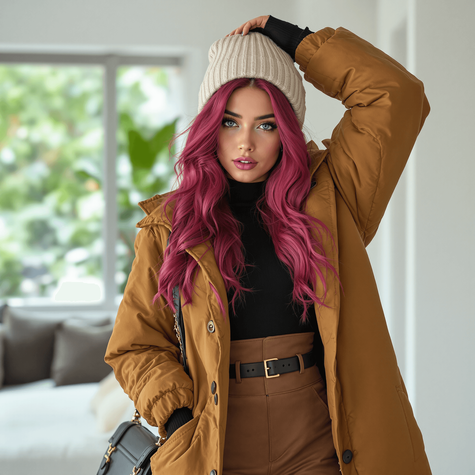 AI generated: The image features a person in a body of , . They are wearing a fitted A woman wearing a brown jumps...