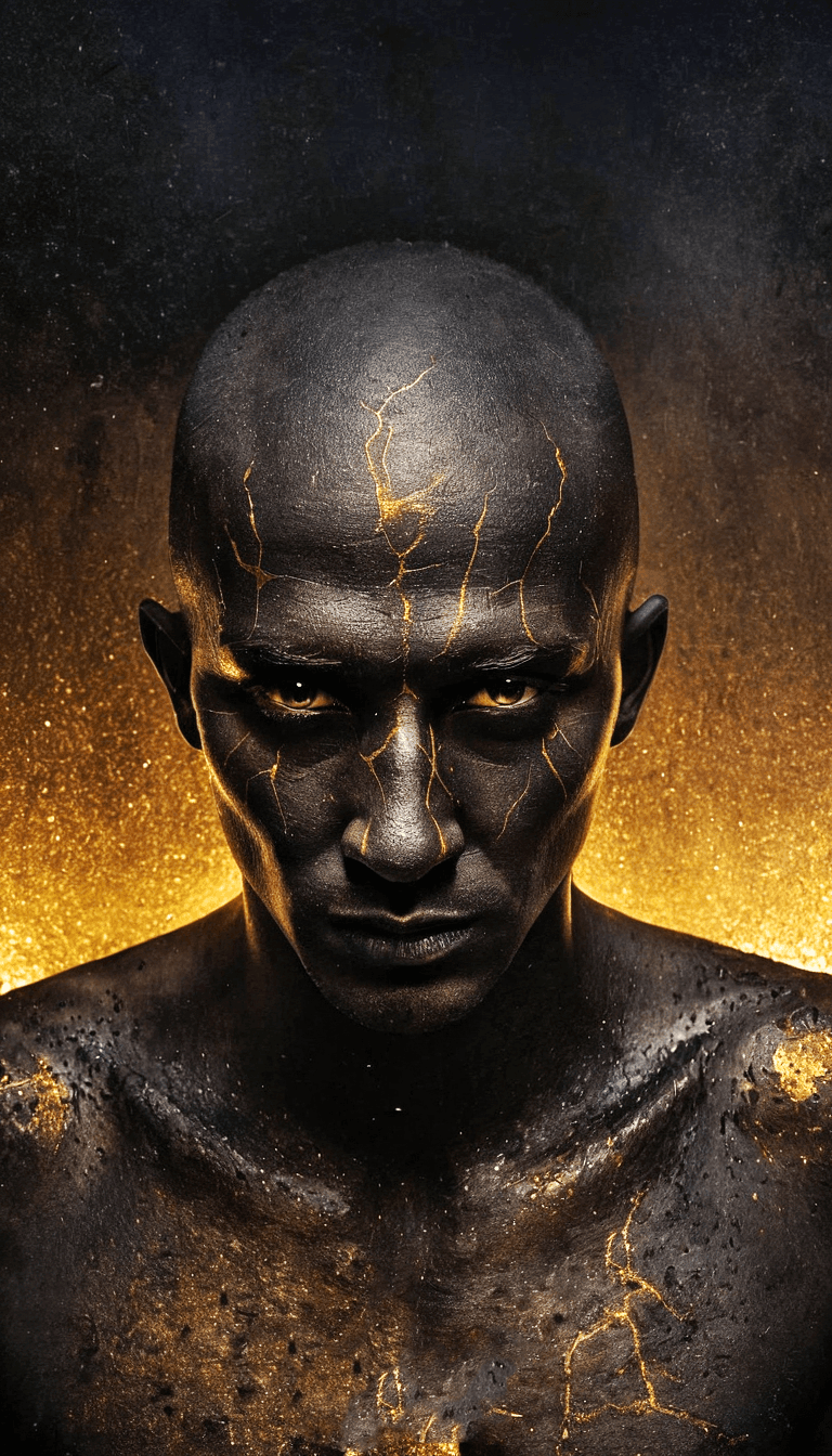 AI generated: Close up portrait of bald man warrior in style by Ben Templesmith with glitter gold veins, highres, ...