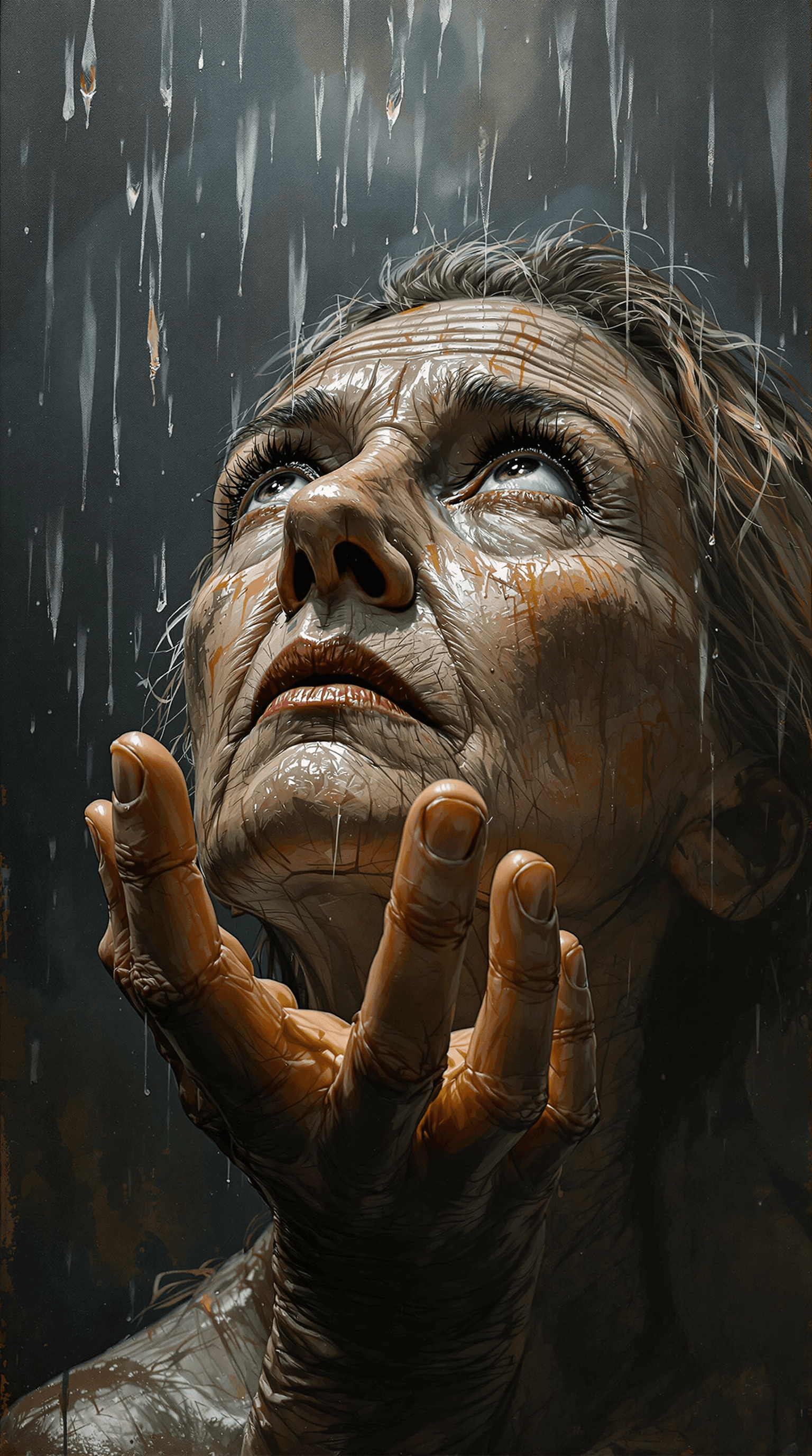 AI generated: A portrait of a weathered soul painted in gritty, rough oils: A 65-year-old Caucasian woman with a d...