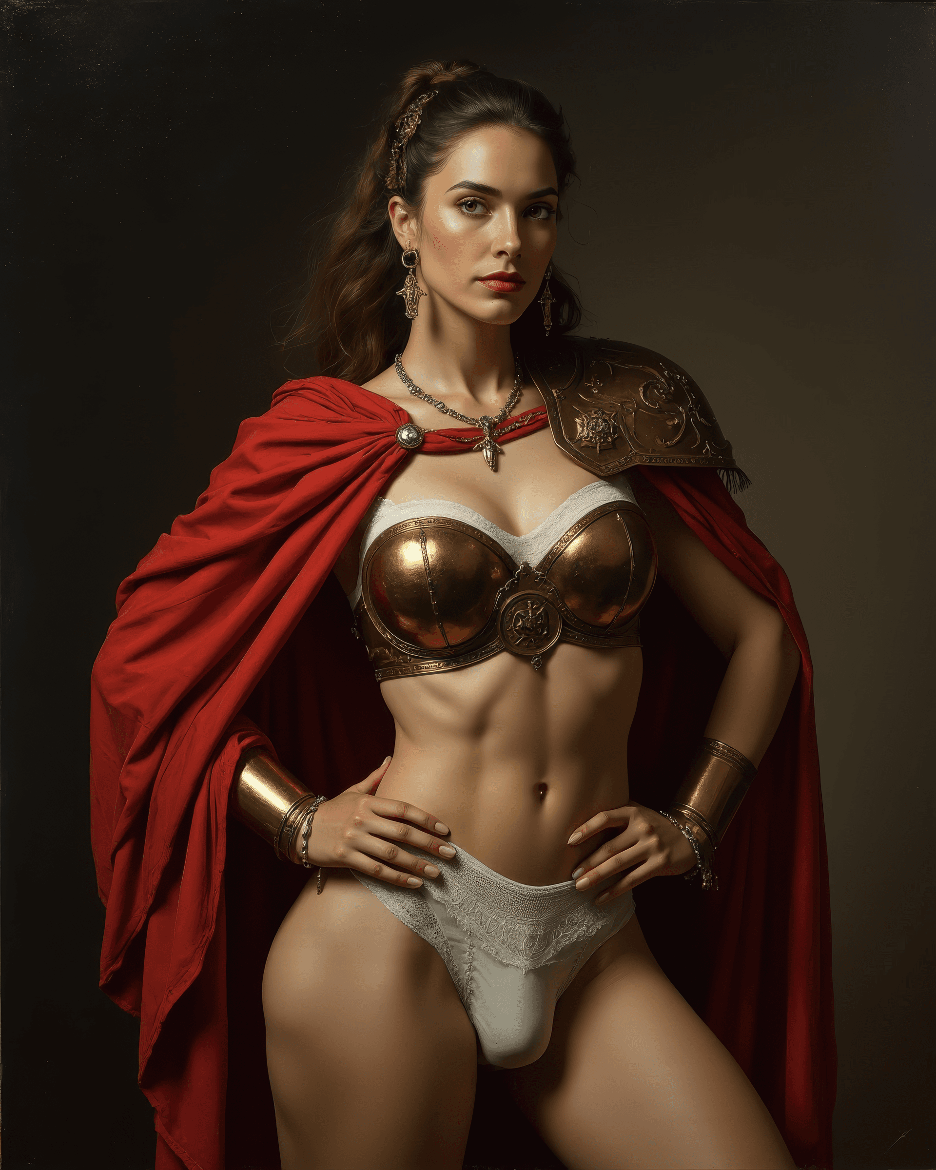 AI generated: full body photo of a tough looking beautiful woman female Roman general in a dramatic chiaroscuro st...