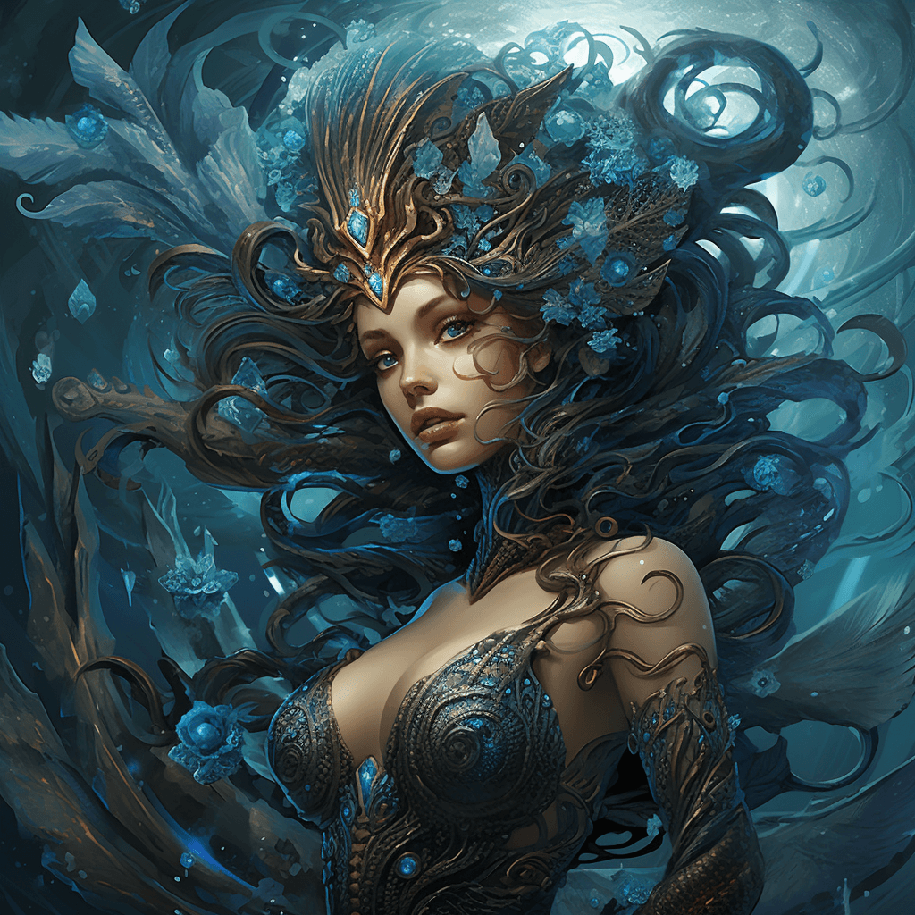 AI generated: A bluish mermaid with water at her feet, in the style of realistic hyper - detailed portraits, golde...