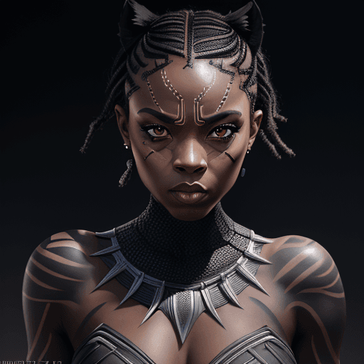 AI generated: female dressed as BLACK PANTHER, tattoos, (full body visible), looking at viewer, portrait, photogra...