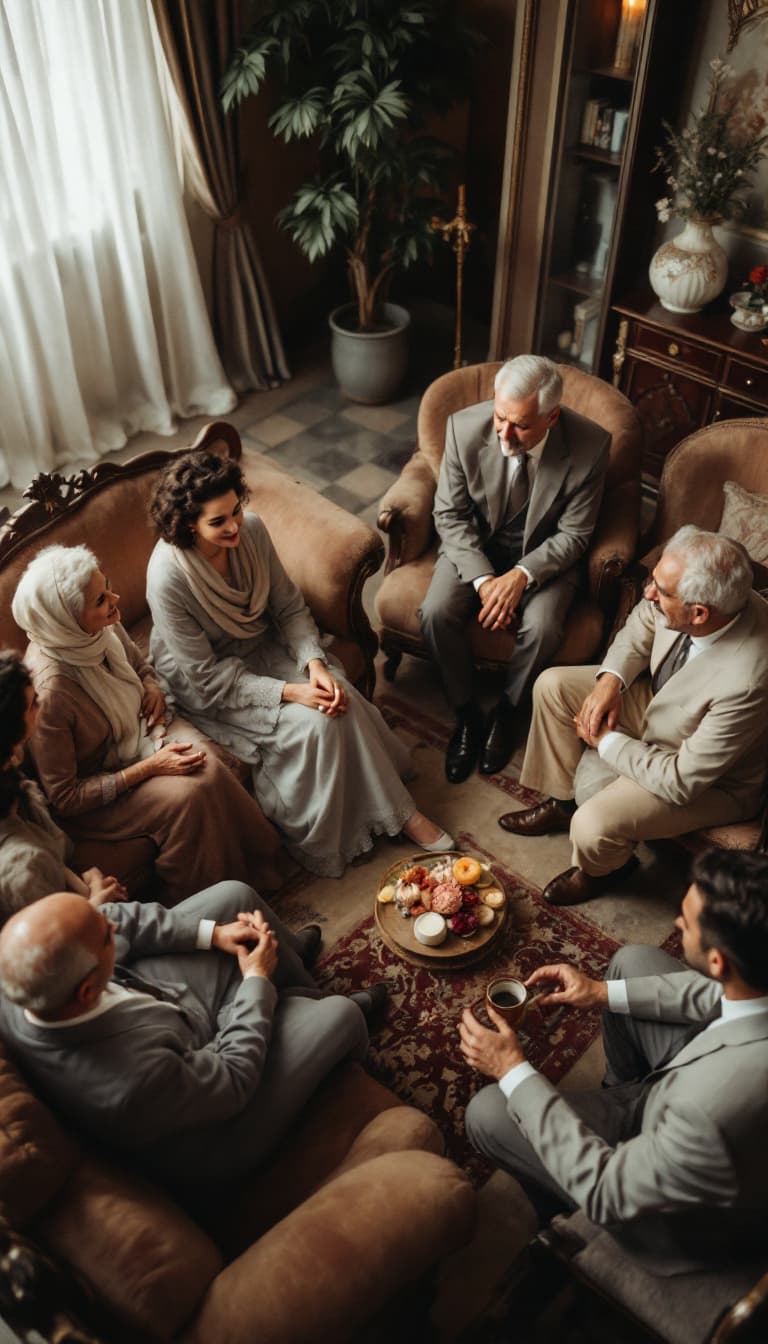 AI generated: A high-angle shot of a traditional Iranian engagement gathering in a spacious 1950s home. The living...
