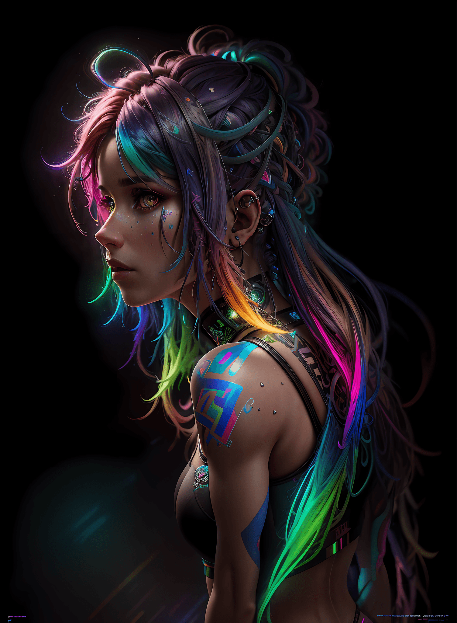 AI generated: Neon on rainbow hair, (((Scottish))), photorealistic painting ((full athletic body)) portrait of wom...