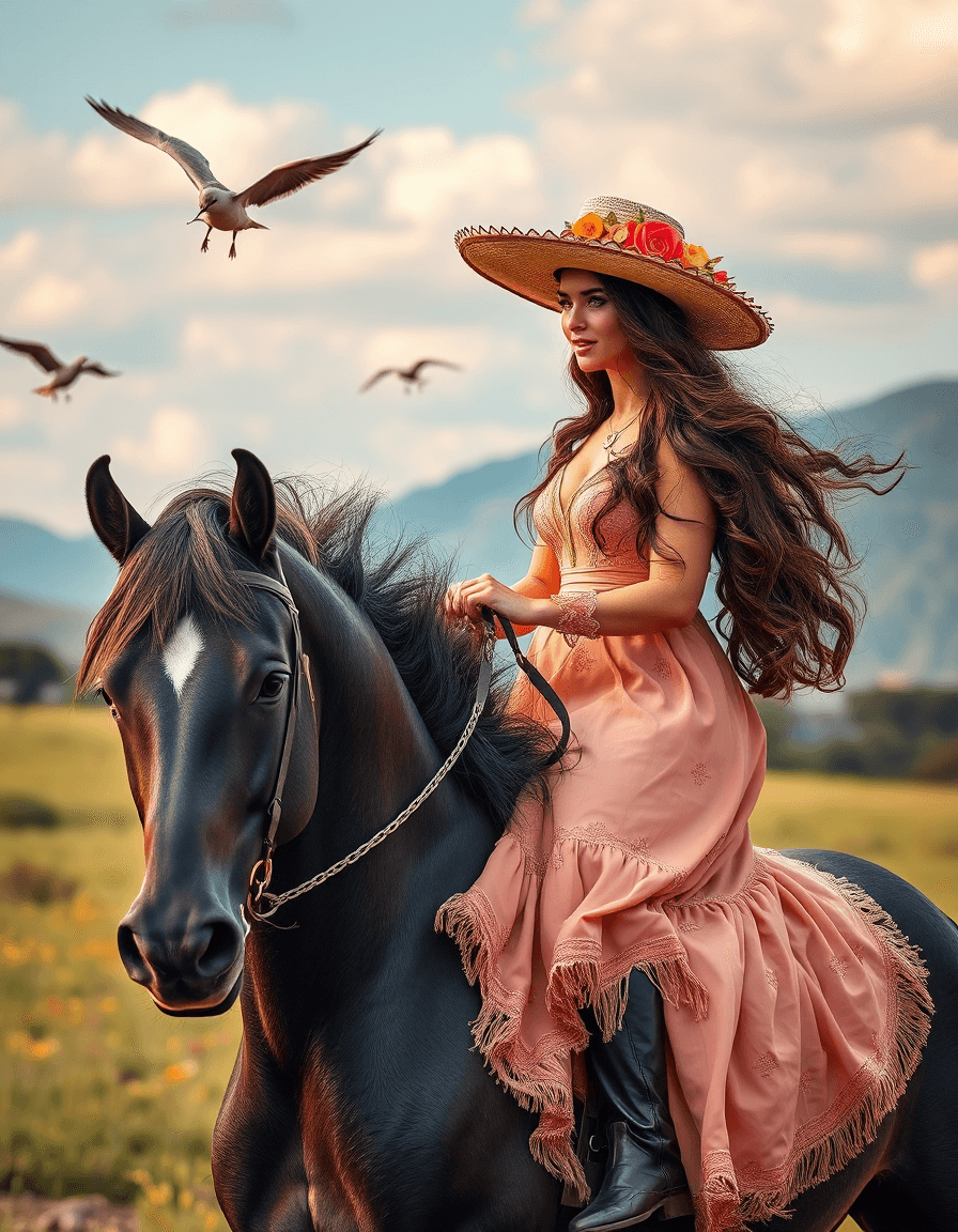 AI generated: Una hermosa mujer, con un sombrero de vaquera elegante decorado con flores exuberantes y de cabello ...