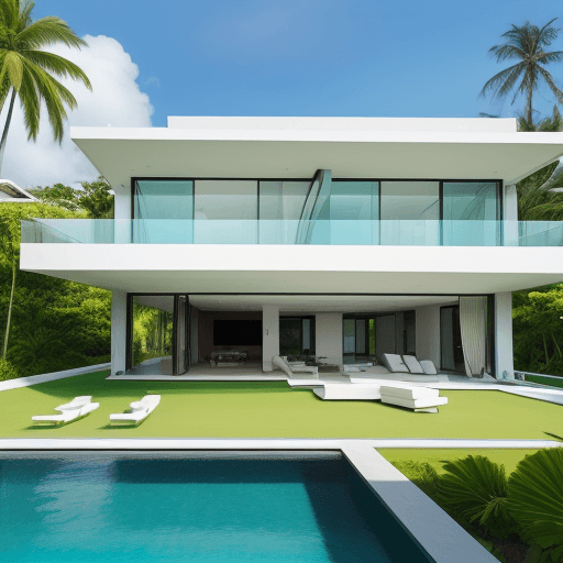 AI generated: ultra-modern mega villa by the sea with swimming pool and green space with beautiful open space and ...