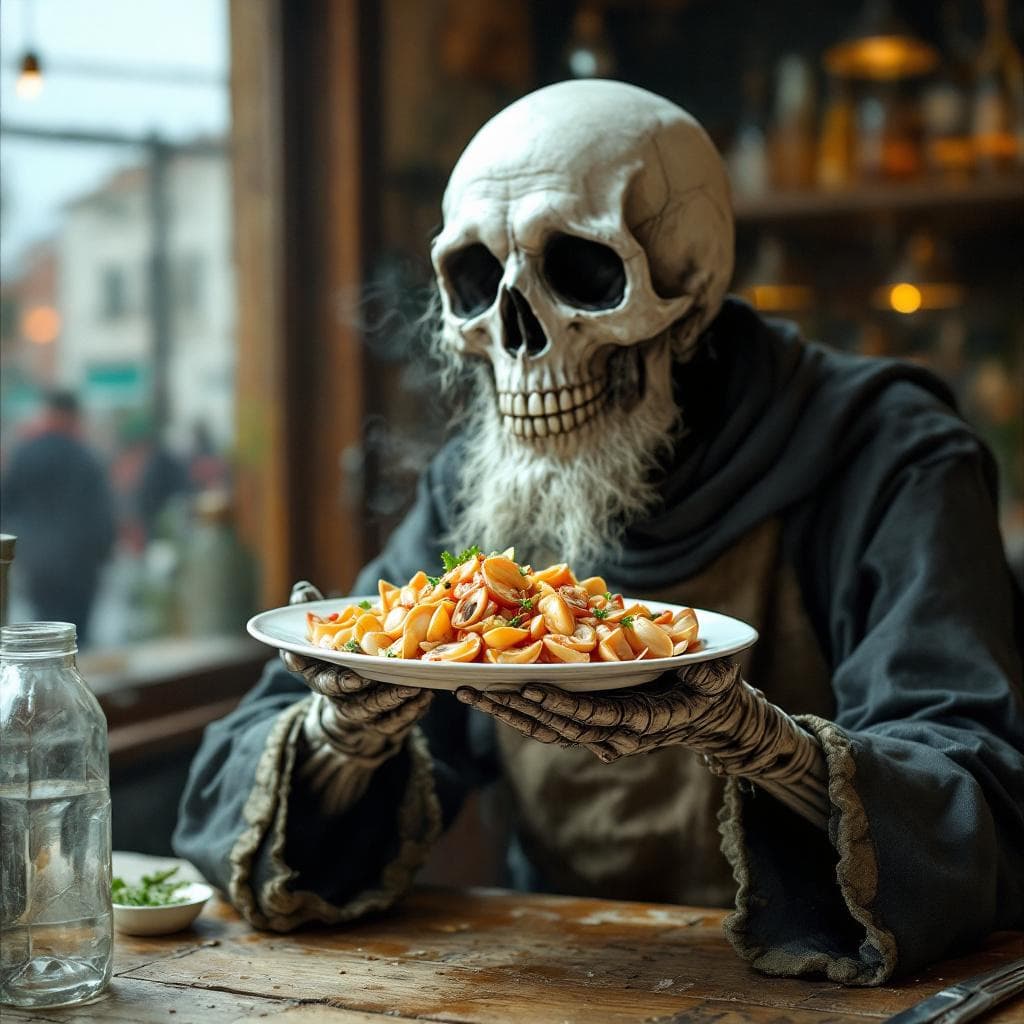 AI generated: Quiero la imagen de la muerte ofreciéndome un plato de almejas recién hecho. La imagen tiene que ser...