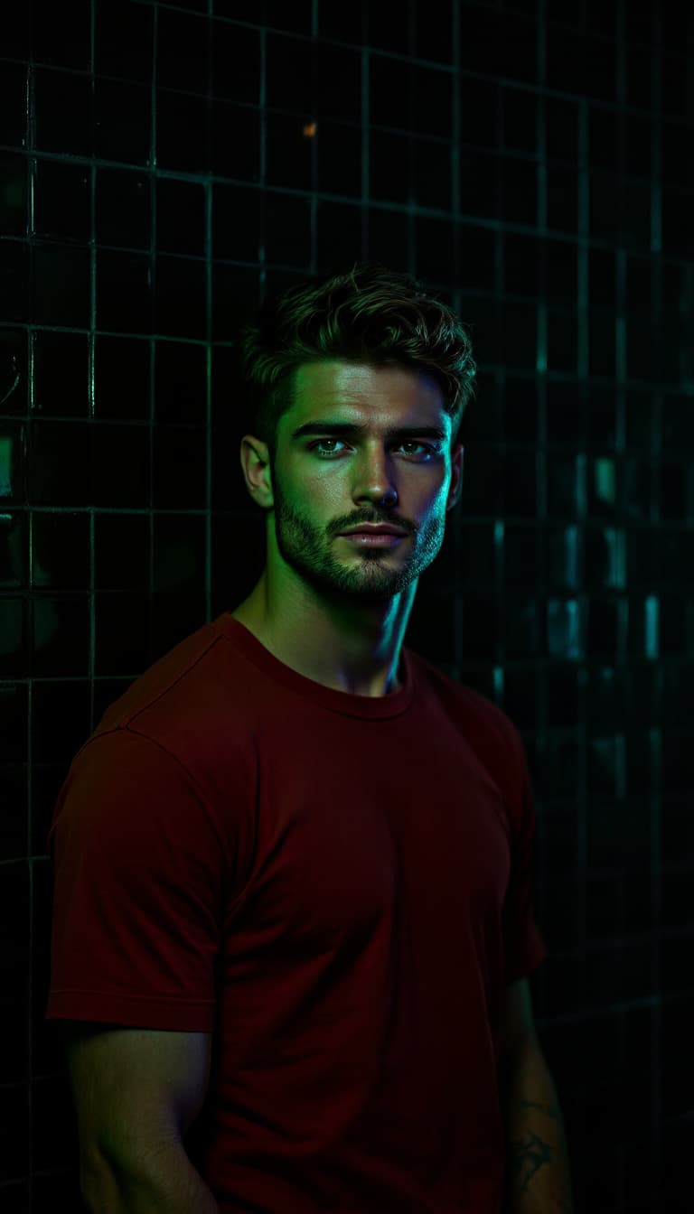 AI generated: A striking and intense portrait of a handsome, happy caucasian man standing against a dark tiled wal...