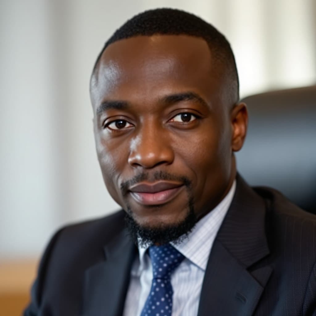 AI generated: /imagine prompt: 45-year-old African executive in boardroom, (calm almond-shaped eyes with 15° downw...