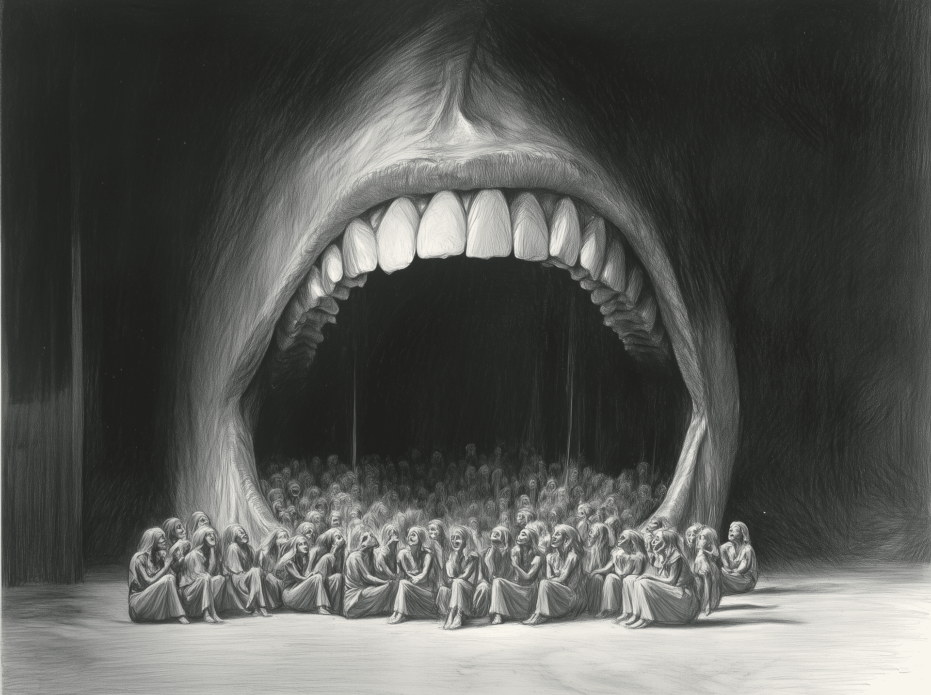 AI generated: A pencil drawing of an open mouth with teeth, people sitting in front of it and coming out from the ...
