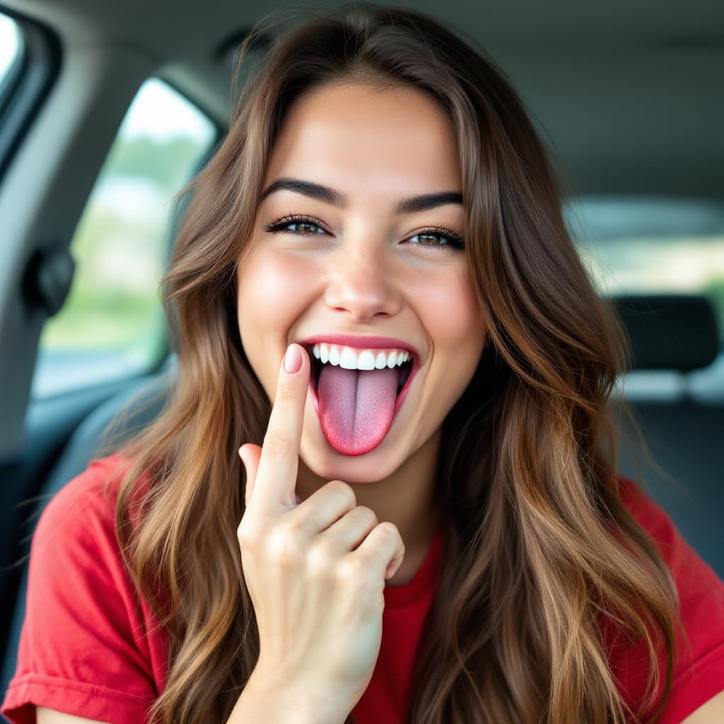 AI generated: Create an image of a woman with a bright and playful expression, sitting in a car with her tongue st...
