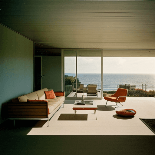 AI generated: Hyper realistic eye level exterior photo of a mid century modern style house overlooking the ocean, ...