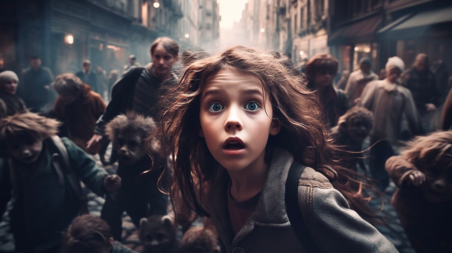 AI generated: little girl lost in a crowded street, scared and frightened, zombies lurk everywhere, tim burton mov...