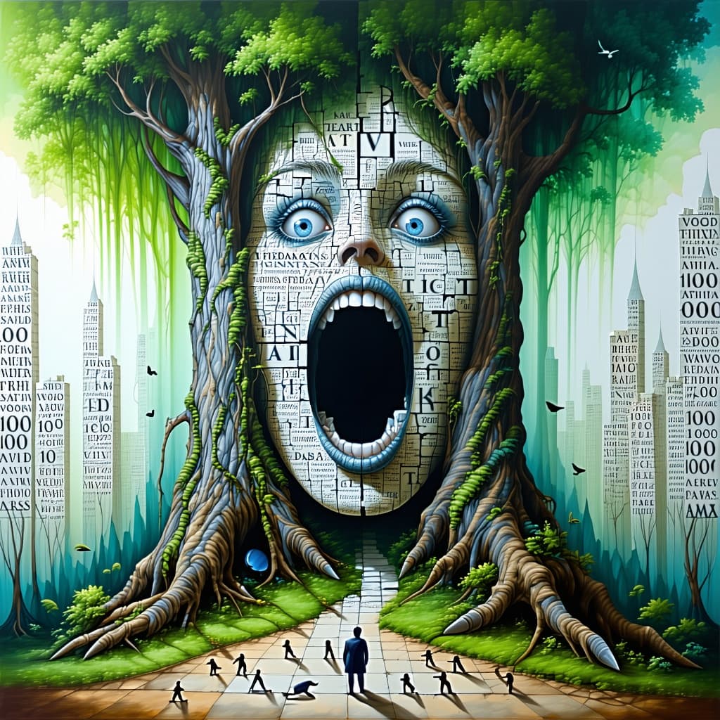 AI generated: Towering trees made of broken alphabets. Vines whisper extinct syntax. Creatures with lips but no vo...