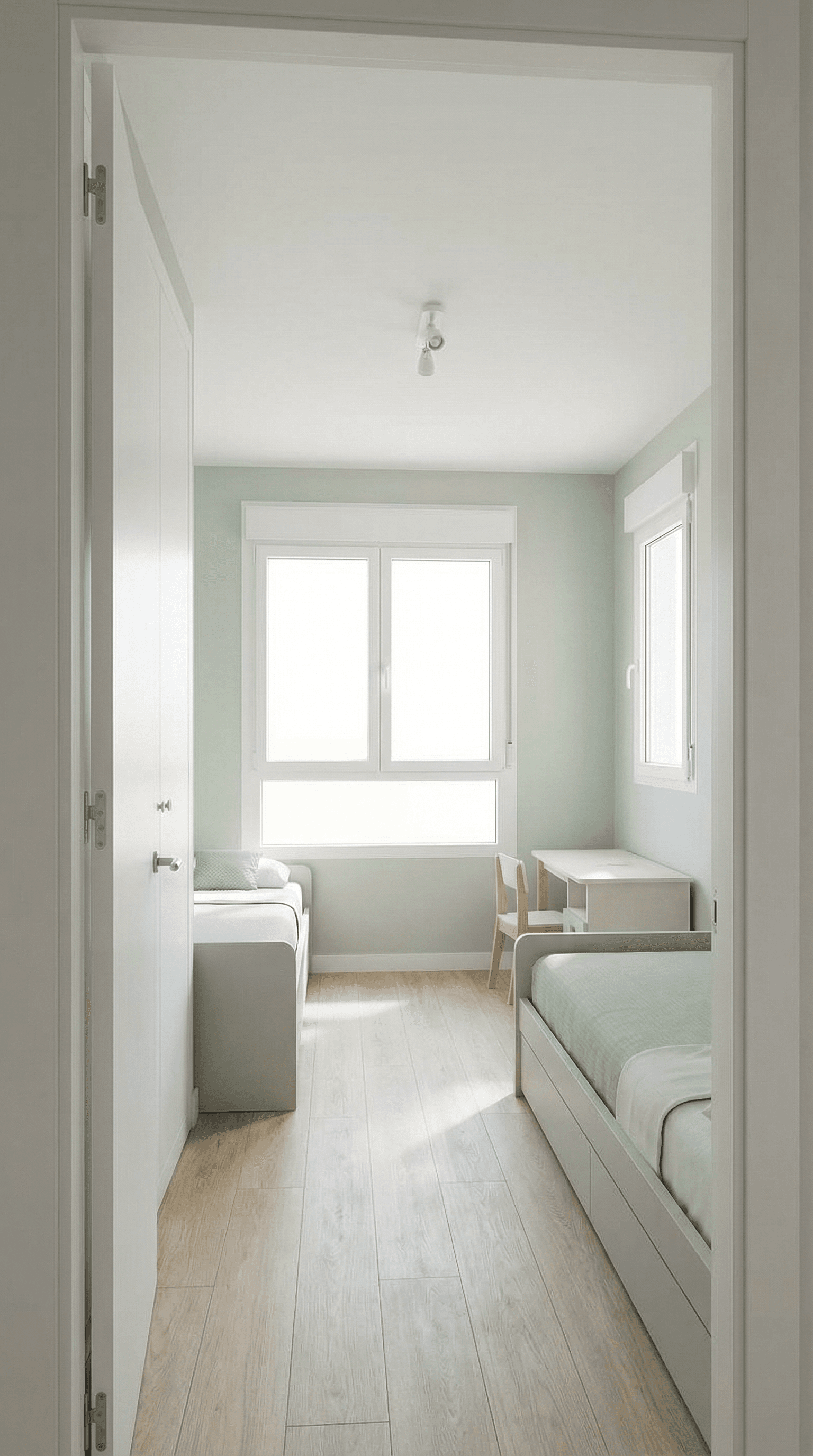 AI generated: I want you to create a 3D rendering of the attached floor plan, viewed from the doorway. The walls a...