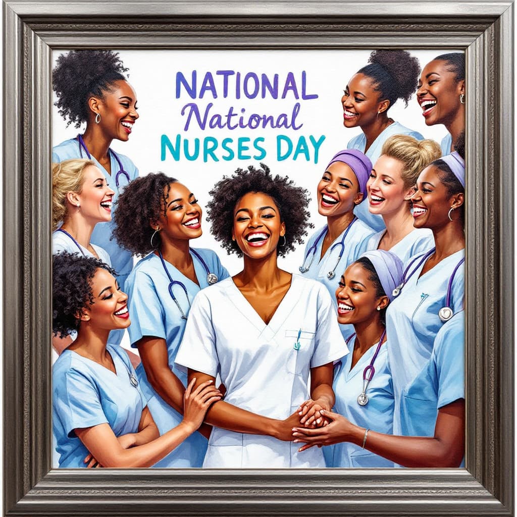 AI generated: A vibrant acrylic oil painting of African American nurses in modern uniforms, joyfully celebrating N...