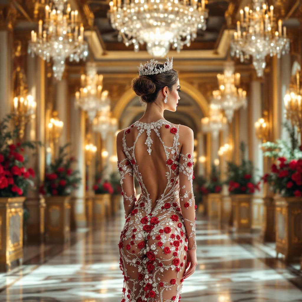 AI generated: In the heart of a grand ballroom, a woman stands confidently, her outfit shimmering under the soft g...