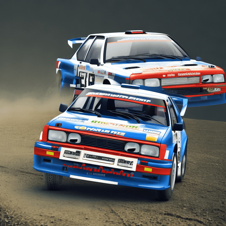 AI generated: "Create a hyper-realistic official art image of an 80's-style Group B rally championship car from th...