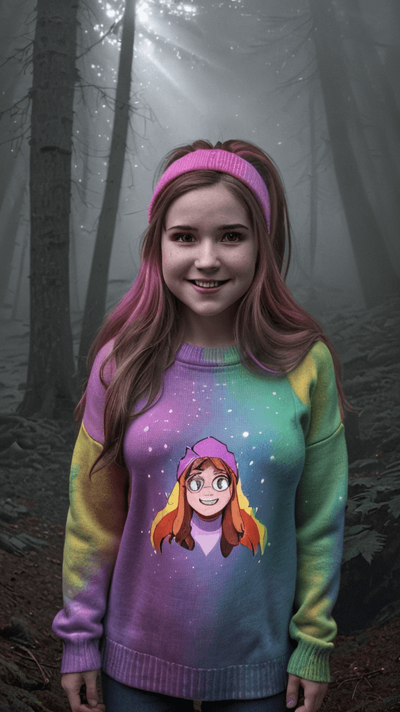 AI generated: (HDR1:1)Mabel Pines In favorite sweater, from Gravity Falls, captured in an epic photoart in the sty...