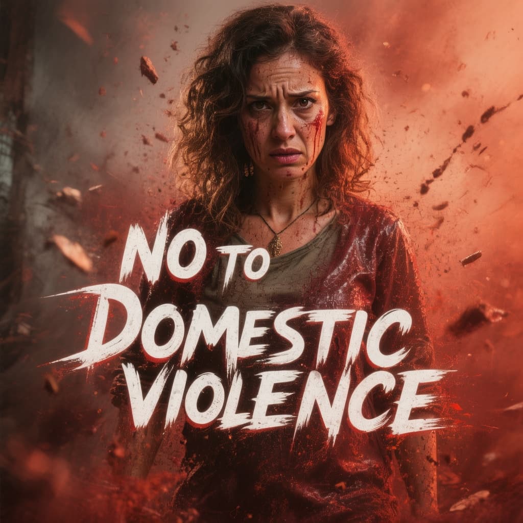 AI generated: Hyper-realistic image of domestic violence with the text "NO TO DOMESTIC VIOLENCE".