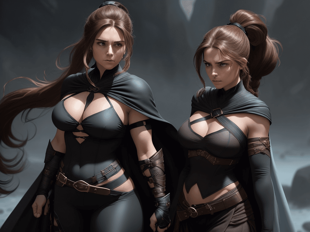 AI generated: a woman in a fantasy setting, exuding a sense of strength and focus. The woman has long brown hair, ...