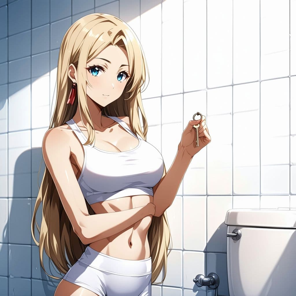 AI generated: anime woman 25 years old, blonde, white skin, long hair and blue eyes, she is wearing tight sportswe...