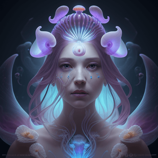AI generated: Goddess close-up portrait ribcagel. jellyfish phoenix head, nautilus, orchid, skull, betta fish, bio...