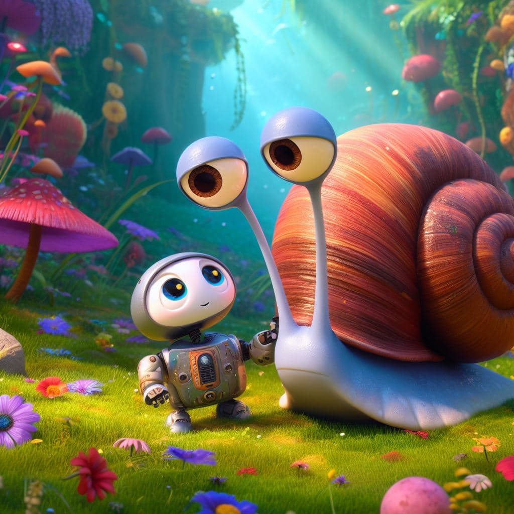 AI generated: pixar style movie of a heartwarming, unlikely friendship between a small, curious robot and a friend...