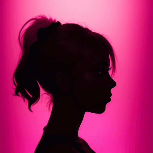 AI generated: photography, portrait of contrast, profile silhouette of a young female, vibrant hot pink backdrop, ...