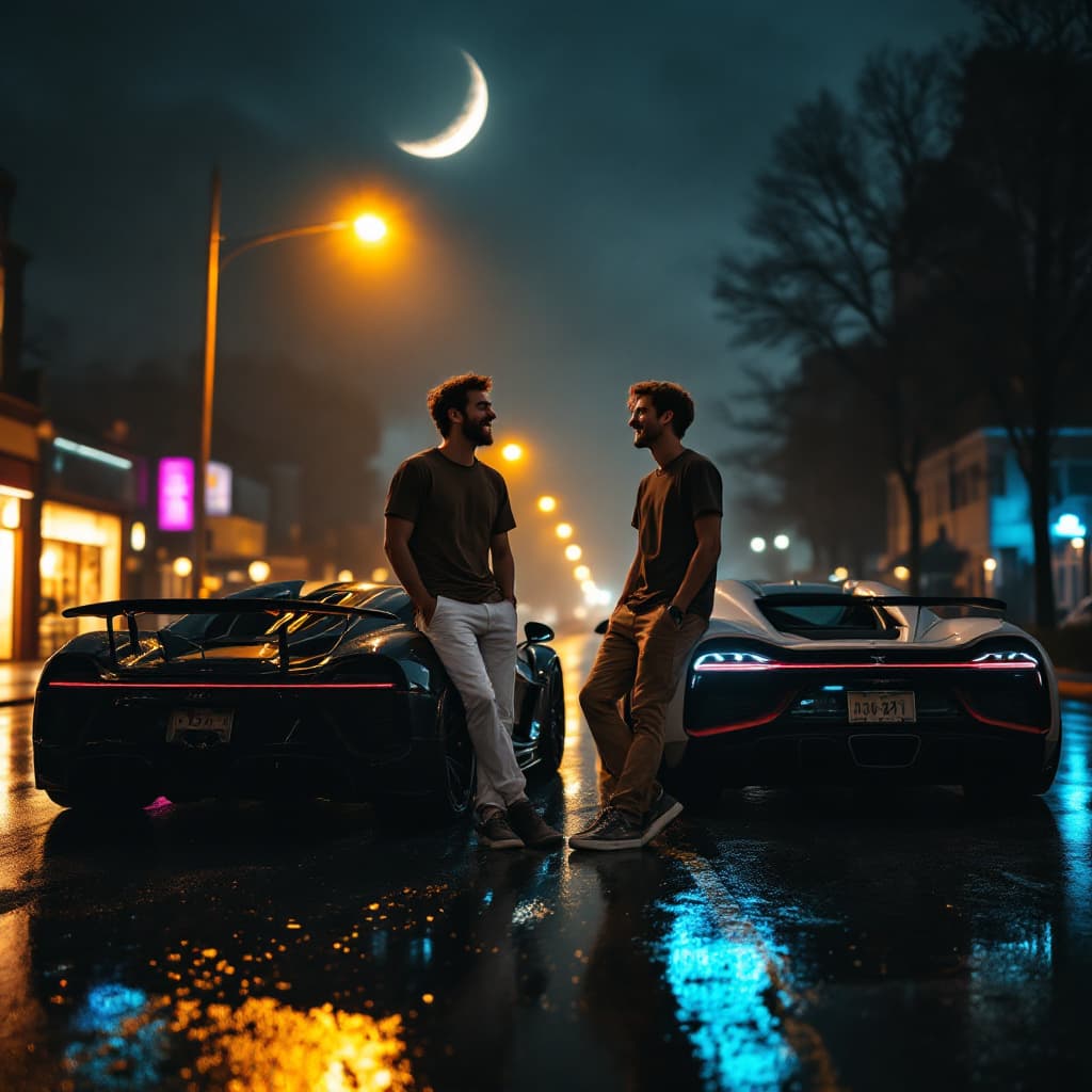 AI generated: Two brothers mid-laugh under a flickering amber streetlight at 3 AM. Older wears a coffee-brown tee ...